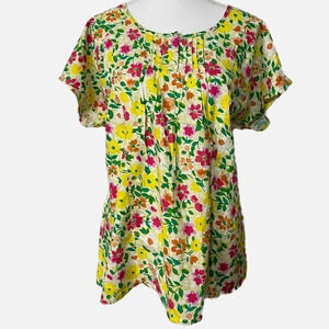 Ella Simone Linen/Rayon Blend Bright Yellow‎ Pink Floral Blouse